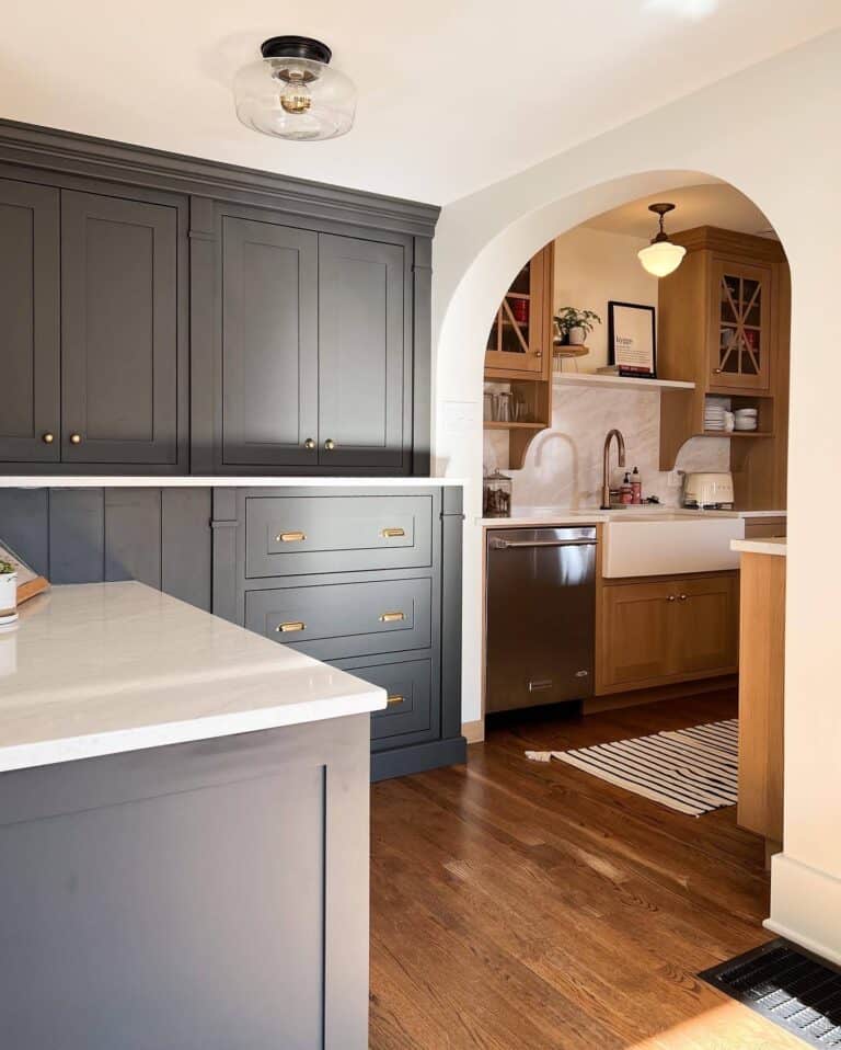 room transition custom cabinets dark and natural finish from Millennial Cabinetry and Millwork