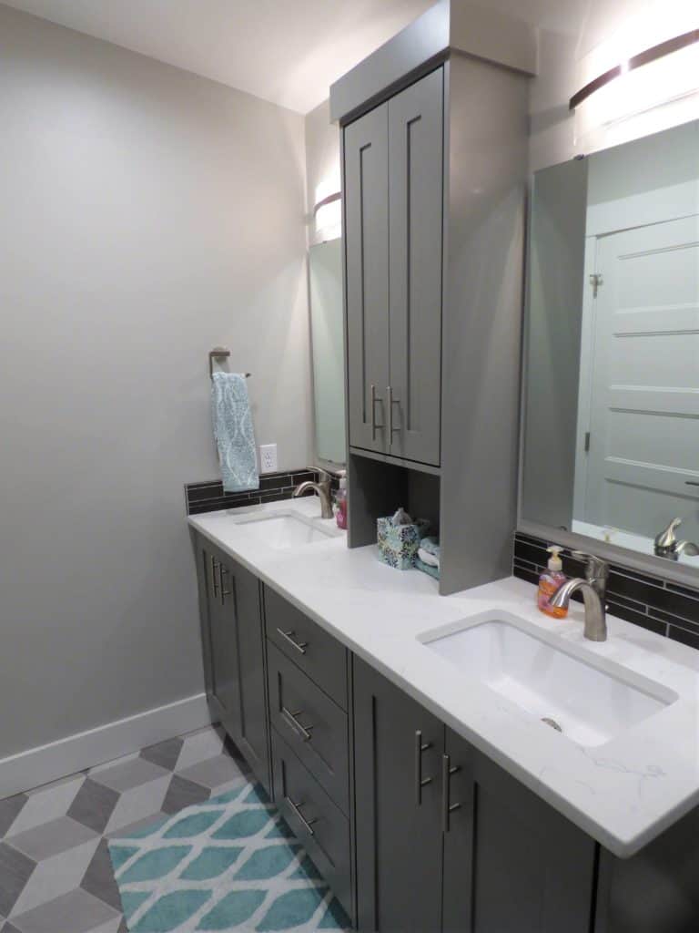 grey cabinets inside bathroom
