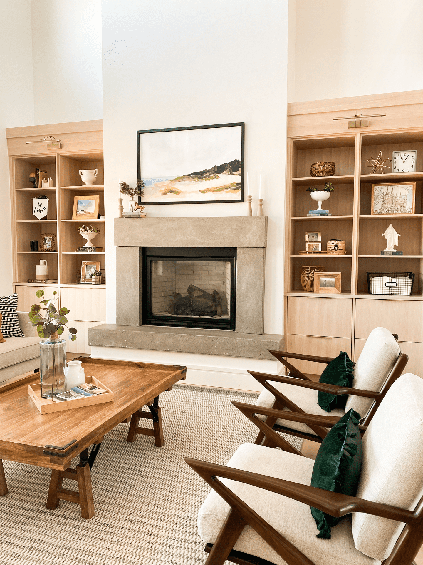 double sided wooden shelves in living room