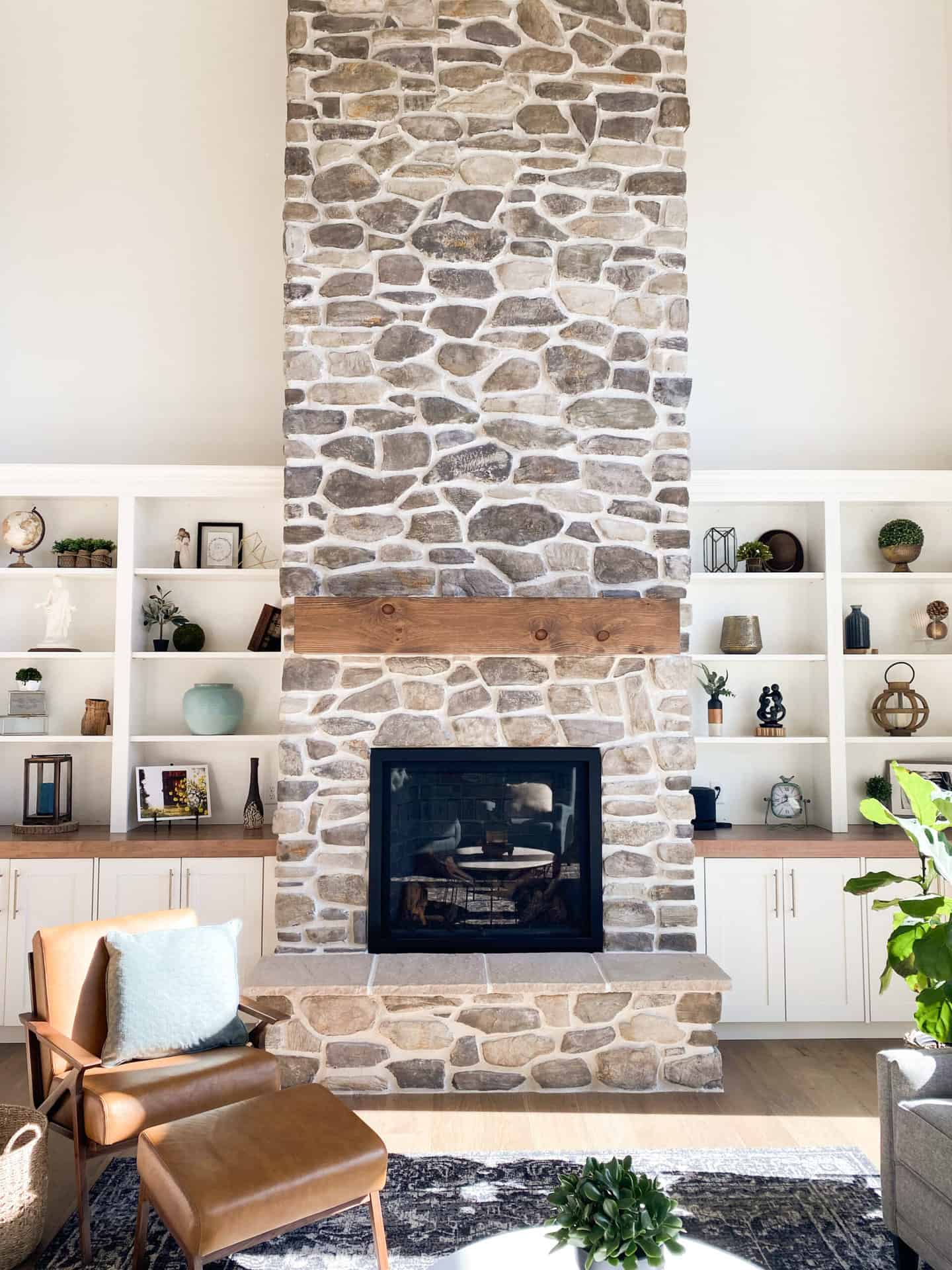 wooden shelves around fire place