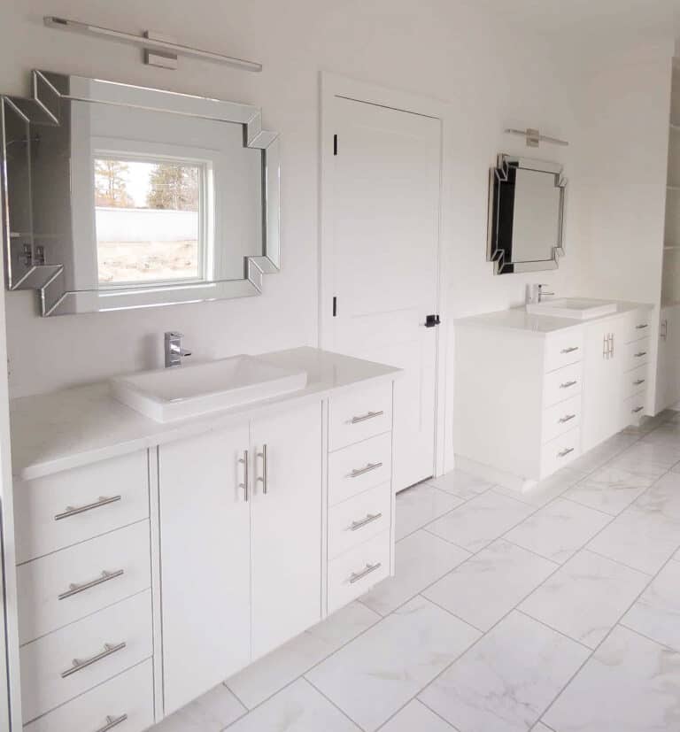 white dual vanities from Millennial Cabinetry and Millwork