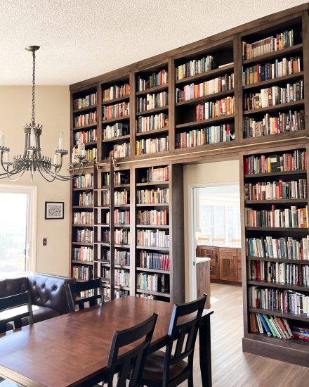 custom built in bookshelves with rolling ladder